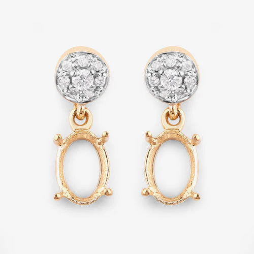 0.11 Carat Genuine White Diamond 14K Yellow Gold Semi Mount Earrings - holds 7x5mm Oval Gemstones - Image 10