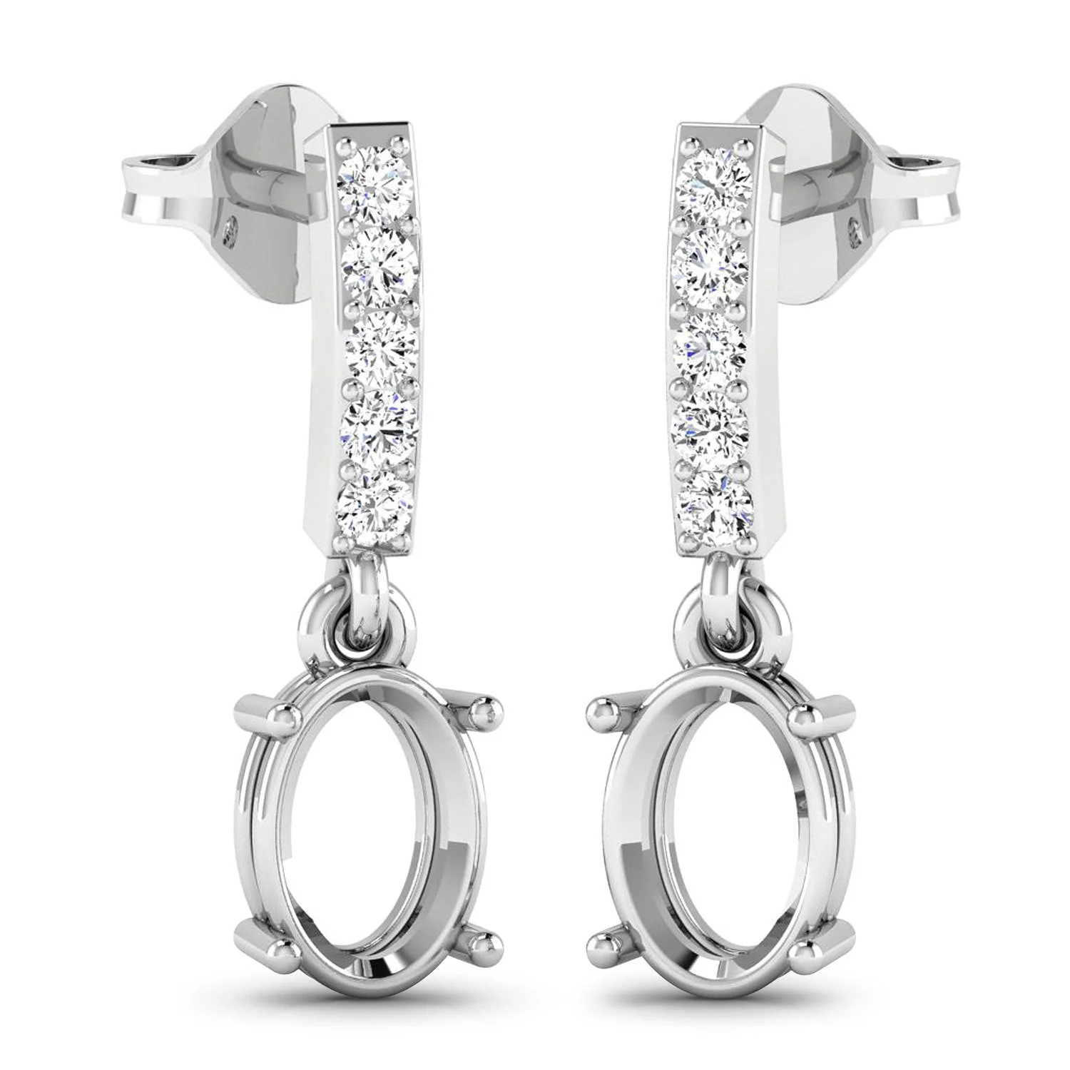 0.14 Carat Genuine White Diamond 14K White Gold Semi Mount Earrings - holds 7x5mm Oval Gemstones - Image 3