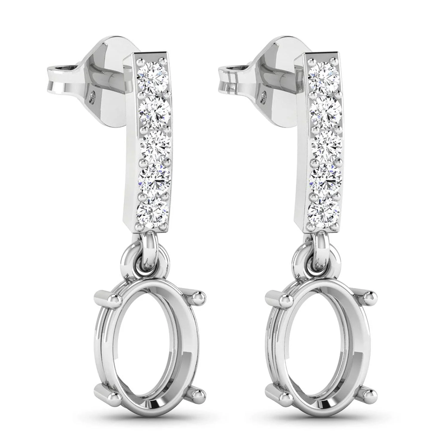 0.14 Carat Genuine White Diamond 14K White Gold Semi Mount Earrings - holds 7x5mm Oval Gemstones - Image 4