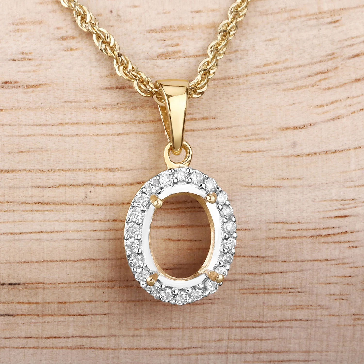 0.22 Carat Genuine White Diamond 14K Yellow Gold Semi Mount Pendant - holds 9x7mm Oval Gemstone - Image 4