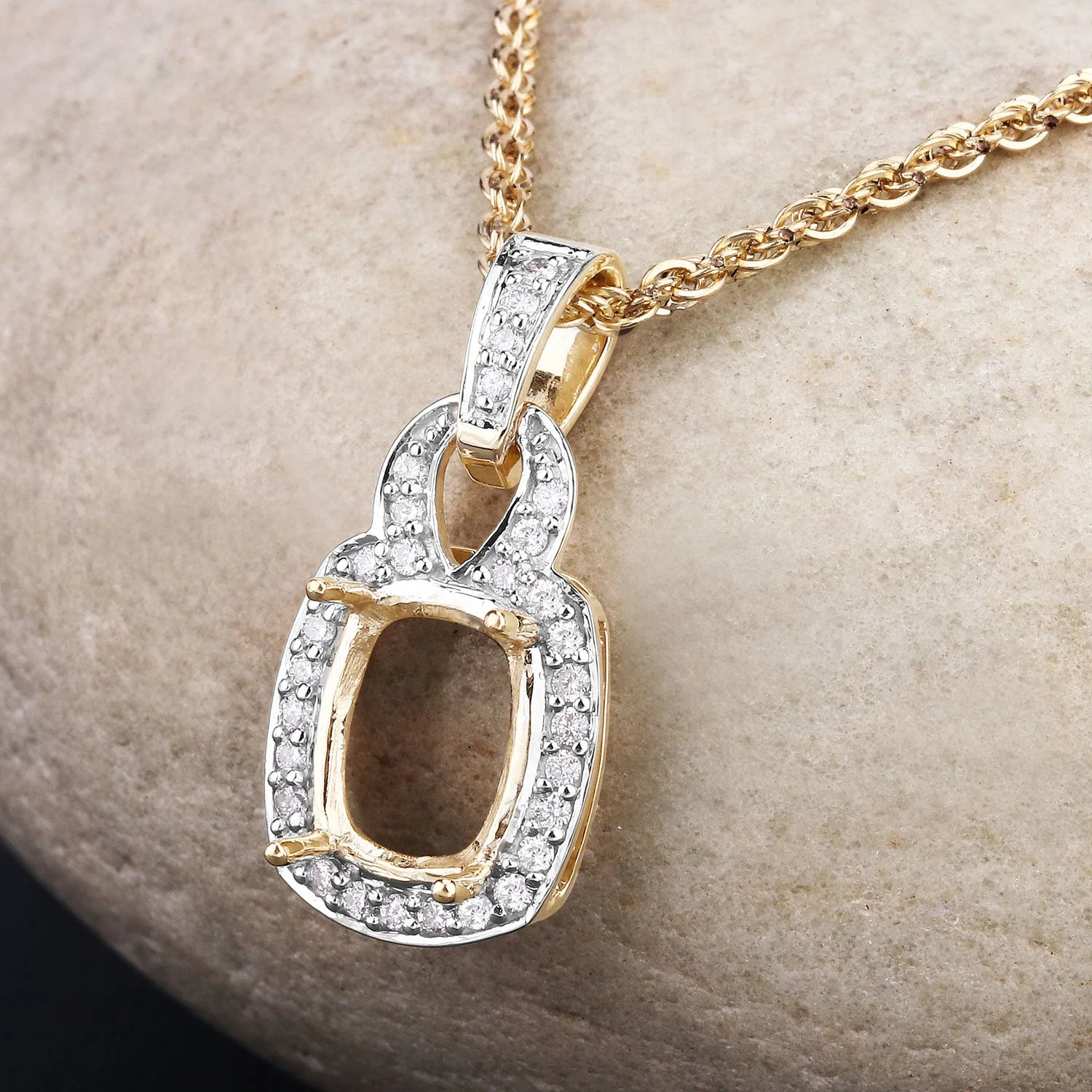0.25 Carat Genuine White Diamond 14K Yellow Gold Semi Mount Pendant - holds 9x7mm Cushion Gemstone - Image 4