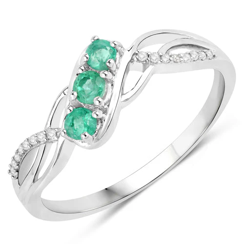 0.28 Carat Genuine Zambian Emerald and White Diamond 14K White Gold Ring - Image 2
