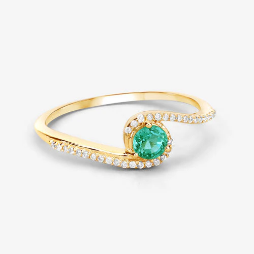 0.33 Carat Genuine Zambian Emerald and White Diamond 14K Yellow Gold Ring - Image 9