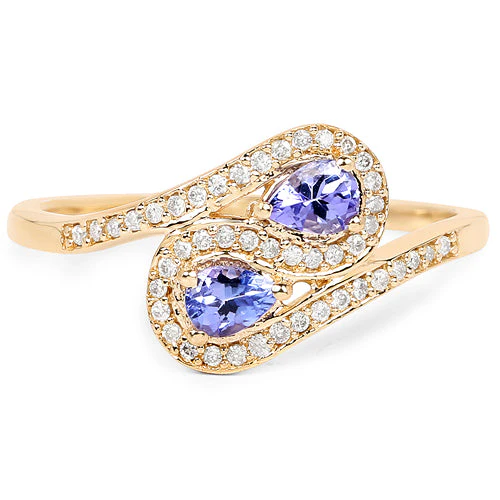 0.42 Carat Genuine Tanzanite and White Diamond 14K Yellow Gold Ring - Image 6