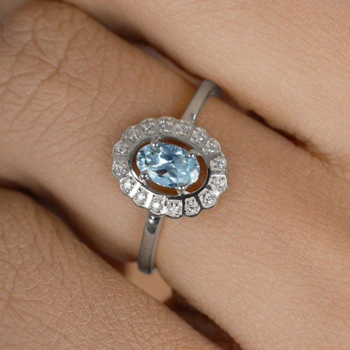 0.44 Carat Genuine Aquamarine and White Diamond 14K White Gold Ring - Image 10