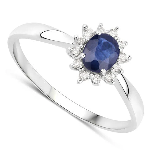 0.44 Carat Genuine Blue Sapphire and White Diamond 14K White Gold Ring - Image 6
