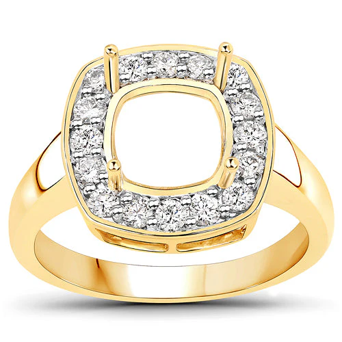 0.48 Carat Genuine White Diamond 14K Yellow Gold Semi Mount Ring - holds 8x8mm Cushion Gemstone - Image 6