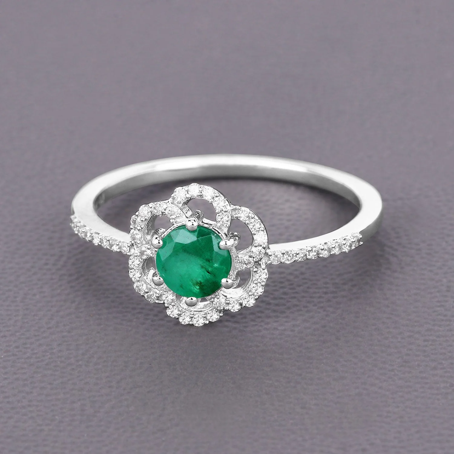 0.55 Carat Genuine Zambian Emerald and White Diamond 14K White Gold Ring - Image 4