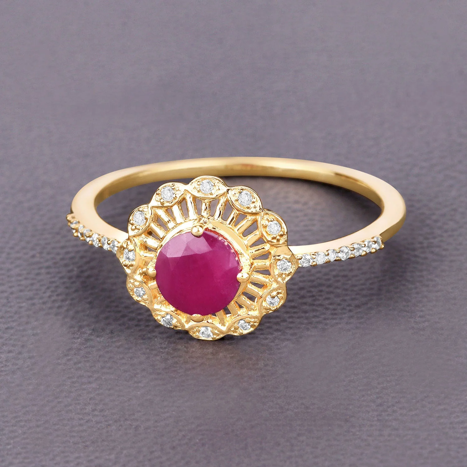 0.68 Carat Genuine Ruby and White Diamond 14K Yellow Gold Ring - Image 4