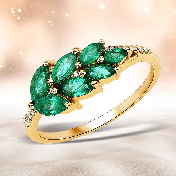 0.68 Carat Genuine Zambian Emerald and White Diamond 14K Yellow Gold Ring
