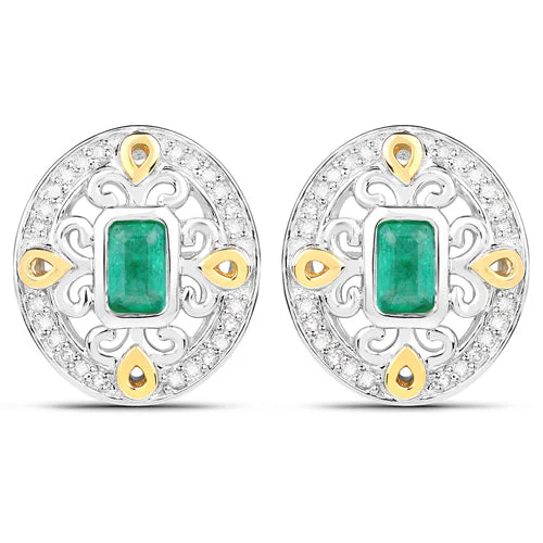0.69 Carat Genuine Zambian Emerald and White Diamond .925 Sterling Silver Earrings - Image 3