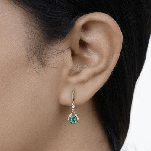 0.70 Carat Genuine Zambian Emerald and White Diamond 14K Yellow Gold Earrings - Image 11