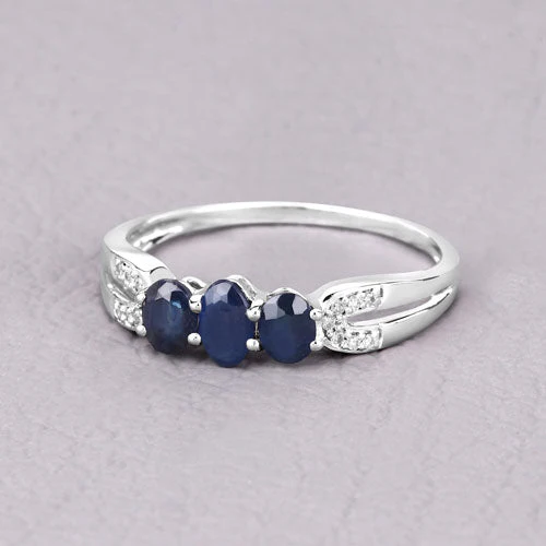 0.73 Carat Genuine Blue Sapphire and White Diamond 14K White Gold Ring - Image 8