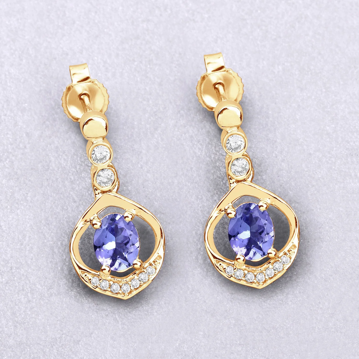 0.76 Carat Genuine Tanzanite and White Diamond 14K Yellow Gold Earrings - Image 4
