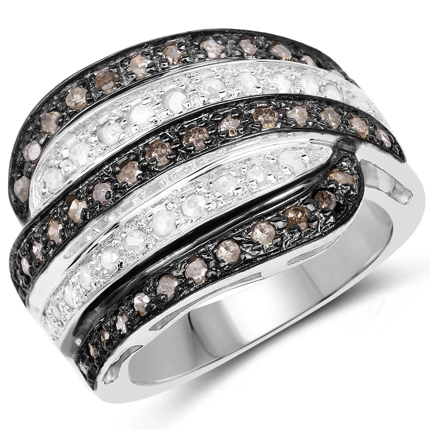 0.80 Carat Genuine Brown Diamond and White Diamond .925 Sterling Silver Ring - Image 2