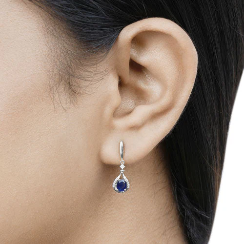 0.86 Carat Genuine Blue Sapphire and White Diamond 14K White Gold Earrings - Image 14