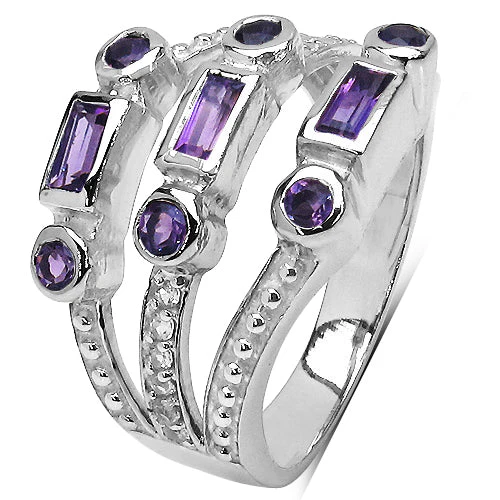 0.87 Carat Genuine Amethyst & White Topaz .925 Sterling Silver Ring - Image 2
