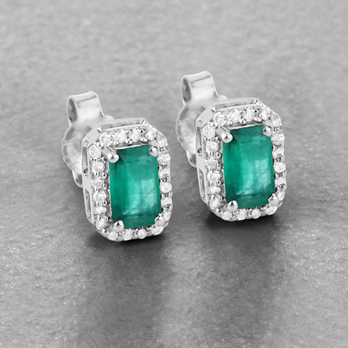 0.91 Carat Genuine Zambian Emerald and White Diamond 14K White Gold Earrings - Image 8