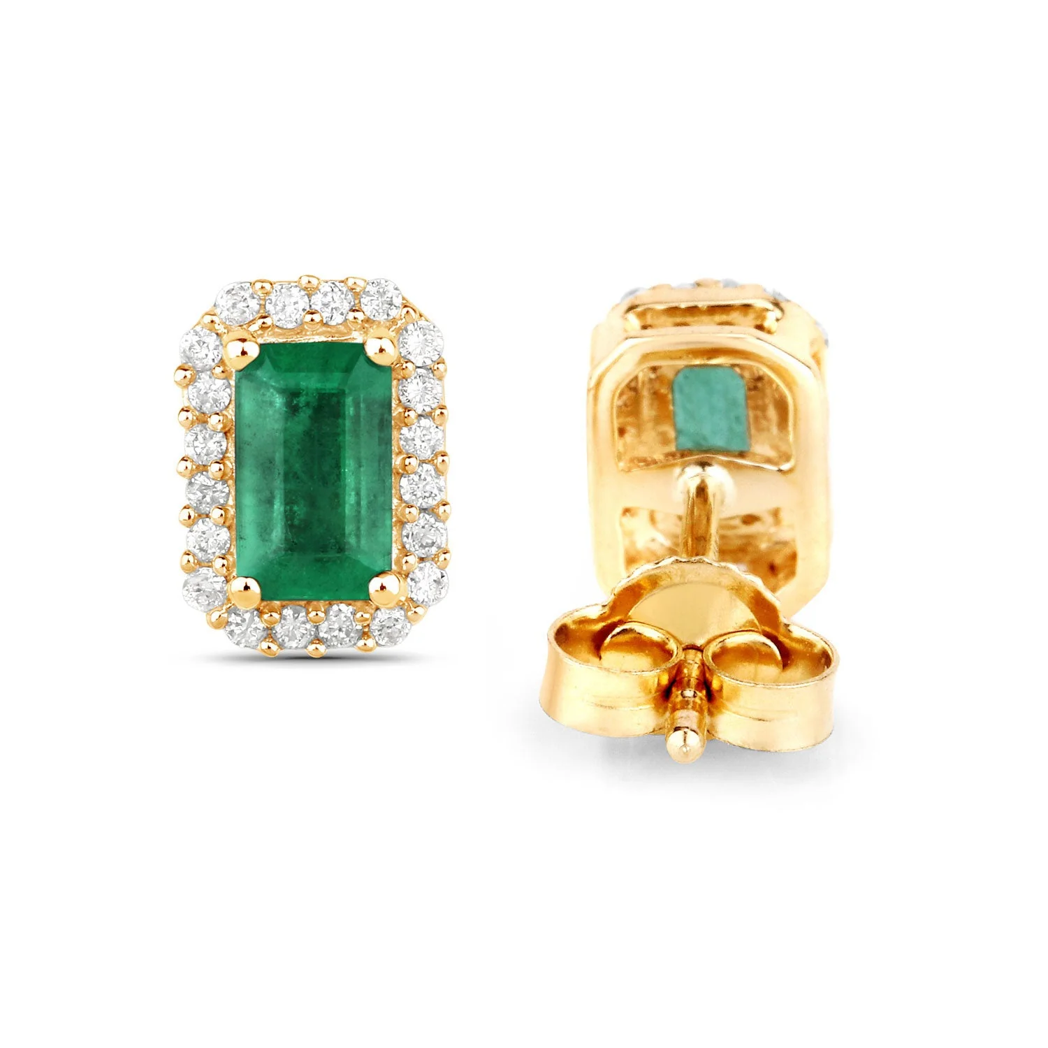 0.91 Carat Genuine Zambian Emerald and White Diamond 14K Yellow Gold Earrings - Image 3