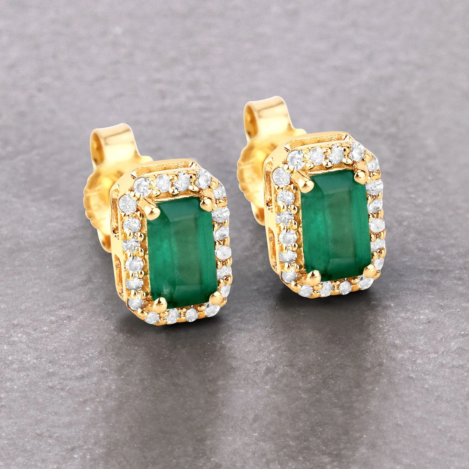 0.91 Carat Genuine Zambian Emerald and White Diamond 14K Yellow Gold Earrings - Image 4