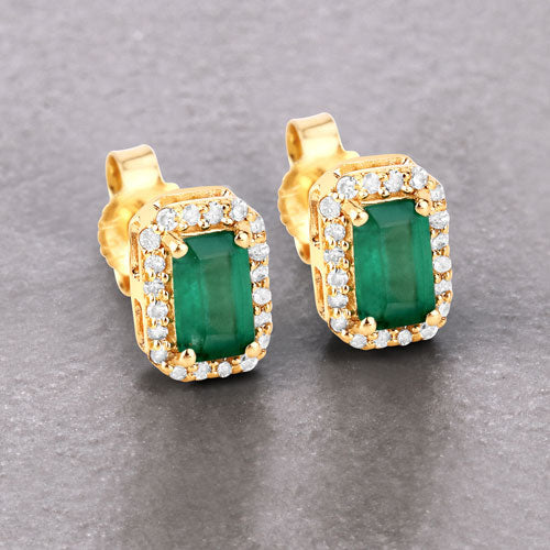 0.91 Carat Genuine Zambian Emerald and White Diamond 14K Yellow Gold Earrings - Image 9