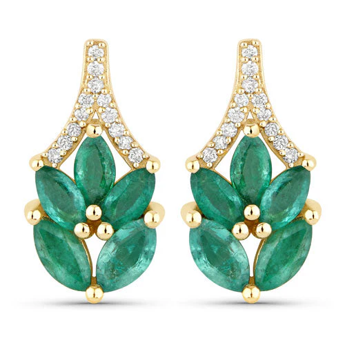 0.91 Carat Genuine Zambian Emerald and White Diamond 14K Yellow Gold Earrings - Image 2