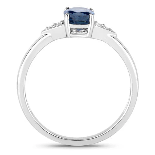 1.01 Carat Genuine Blue Sapphire and White Diamond 14K White Gold Ring - Image 2