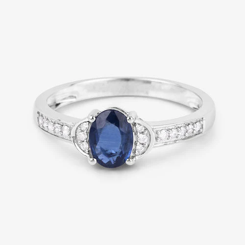 1.05 Carat Genuine Blue Sapphire and White Diamond 10K White Gold Ring - Image 6