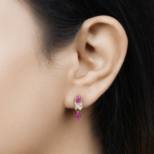 1.12 Carat Genuine Ruby and White Diamond 14K Yellow Gold Earrings - Image 15
