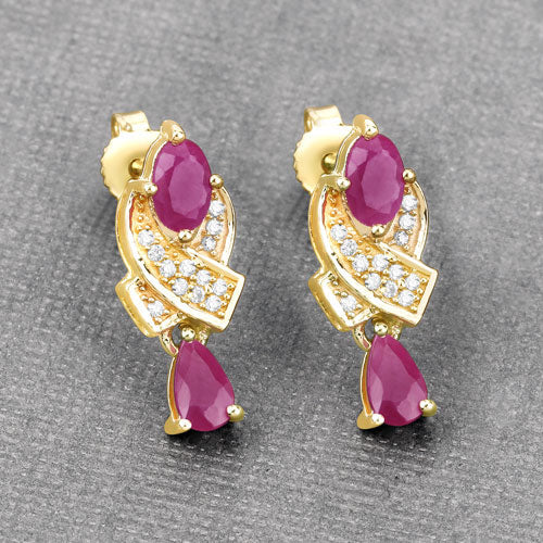 1.12 Carat Genuine Ruby and White Diamond 14K Yellow Gold Earrings - Image 9