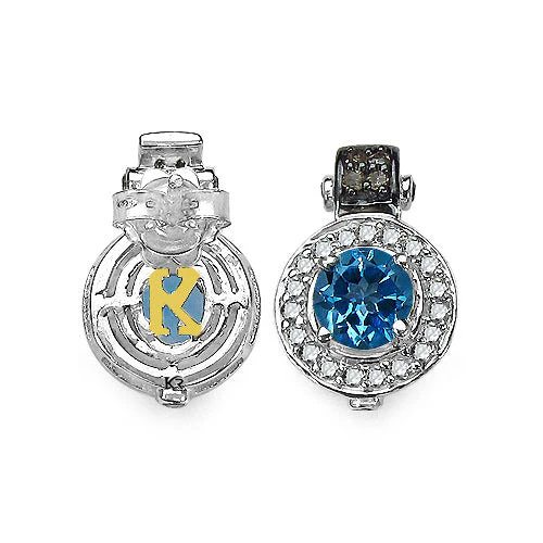 1.20 Carat Genuine Swiss Blue Topaz and 0.30 ct.t.w Genuine Diamond Accents Sterling Silver Earrings - Image 3