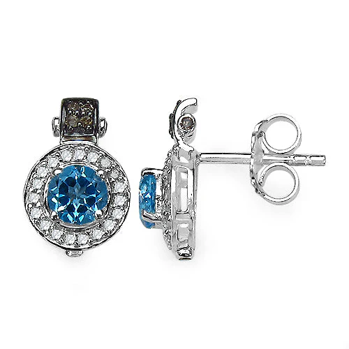 1.20 Carat Genuine Swiss Blue Topaz and 0.30 ct.t.w Genuine Diamond Accents Sterling Silver Earrings - Image 5
