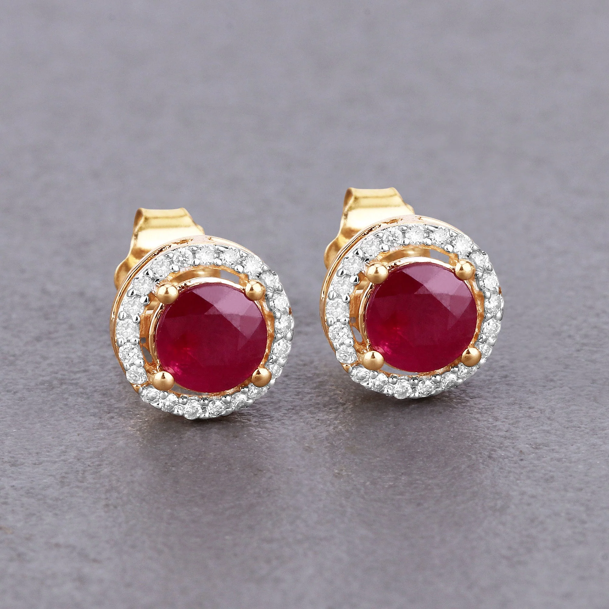 1.22 Carat Genuine Ruby and White Diamond 14K Yellow Gold Earrings - Image 2