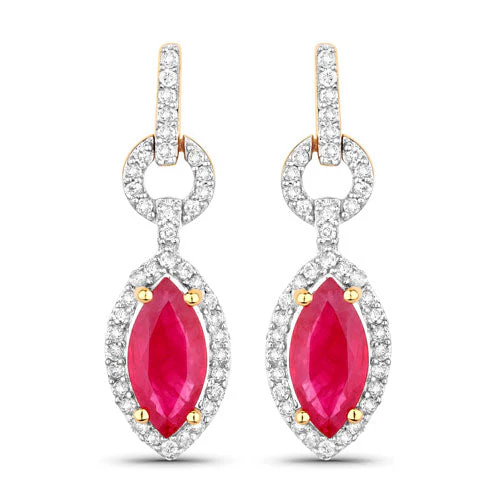 1.23 Carat Genuine Ruby and White Diamond 14K Yellow Gold Earrings