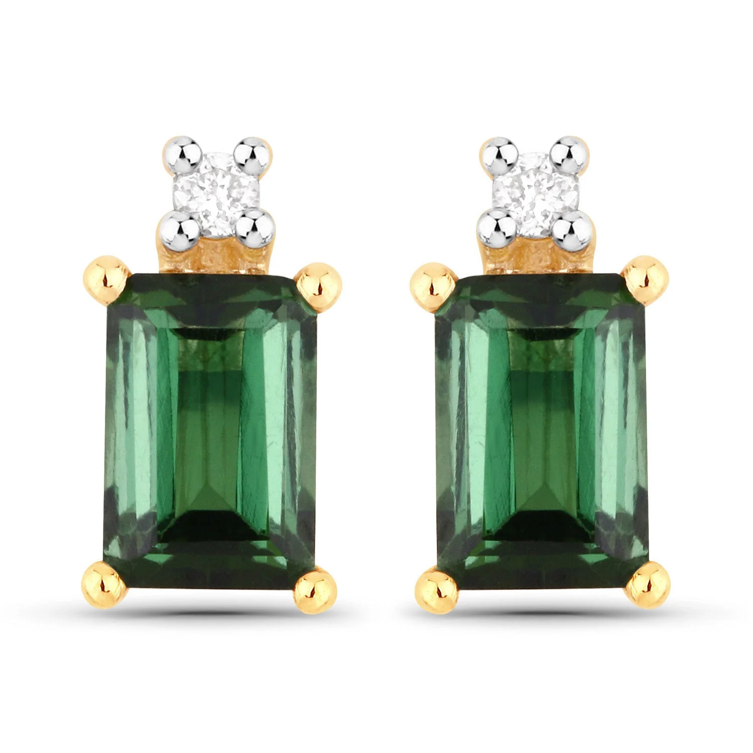 1.24 Carat Genuine Green Tourmaline and White Diamond 14K Yellow Gold Earrings