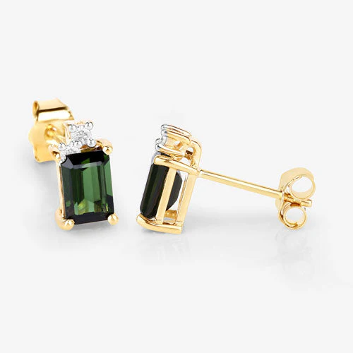 1.24 Carat Genuine Green Tourmaline and White Diamond 14K Yellow Gold Earrings - Image 10