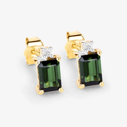 1.24 Carat Genuine Green Tourmaline and White Diamond 14K Yellow Gold Earrings - Image 11