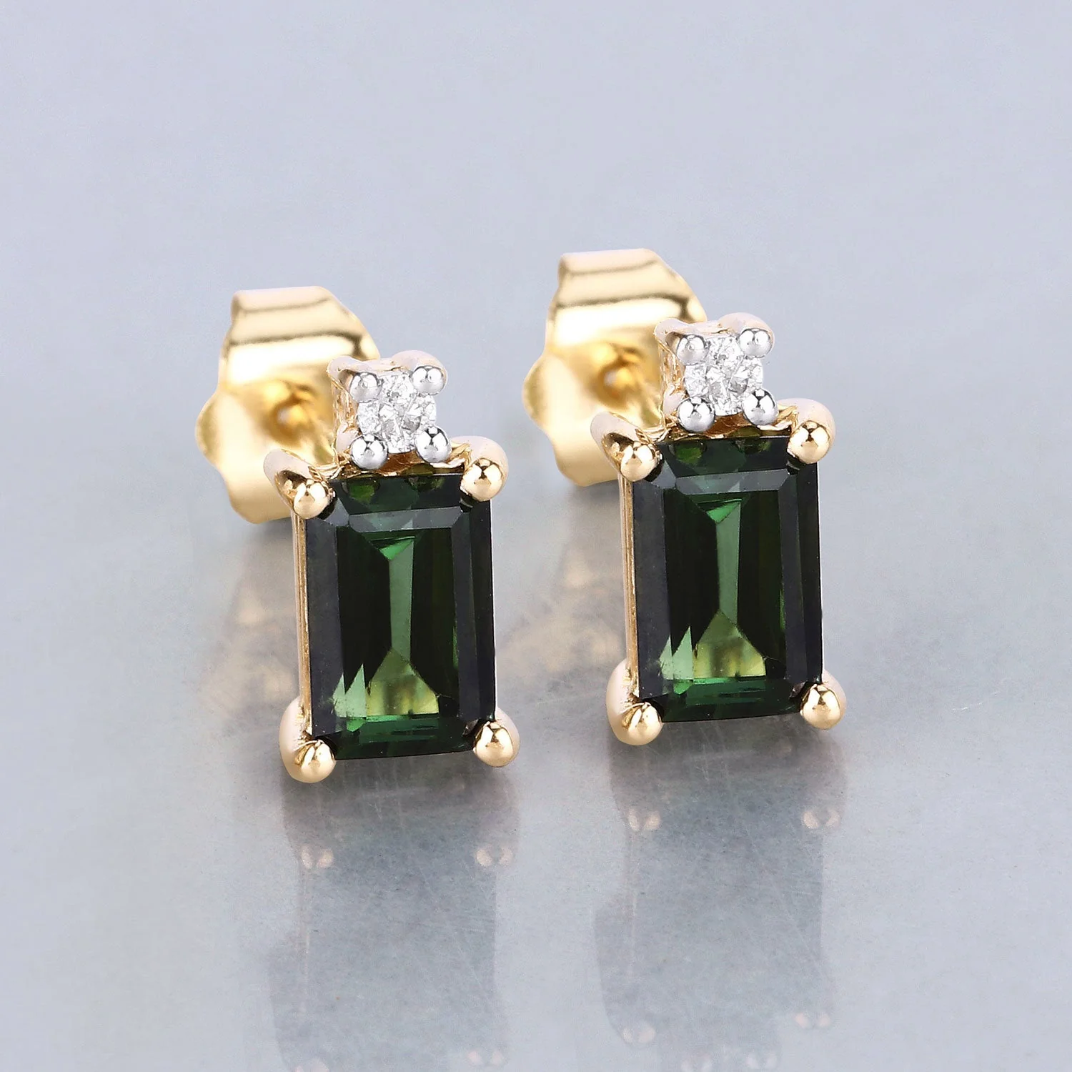 1.24 Carat Genuine Green Tourmaline and White Diamond 14K Yellow Gold Earrings - Image 2