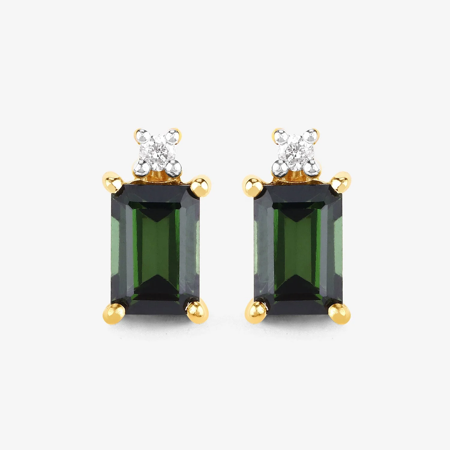 1.24 Carat Genuine Green Tourmaline and White Diamond 14K Yellow Gold Earrings - Image 3
