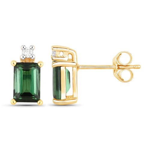 1.24 Carat Genuine Green Tourmaline and White Diamond 14K Yellow Gold Earrings - Image 6
