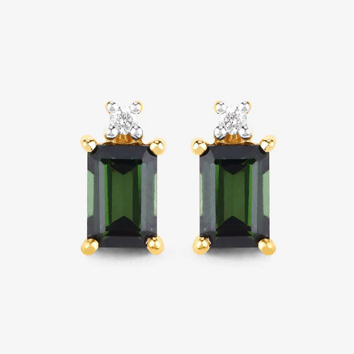 1.24 Carat Genuine Green Tourmaline and White Diamond 14K Yellow Gold Earrings - Image 9