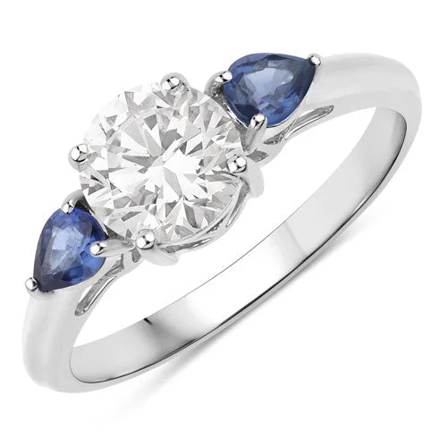 1.30 Carat Genuine Blue Sapphire and Lab Grown Diamond 14K White Gold Ring - Image 2