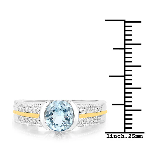1.37 Carat Genuine Aquamarine and White Diamond 14K Yellow Gold with .925 Sterling Silver Ring - Image 3