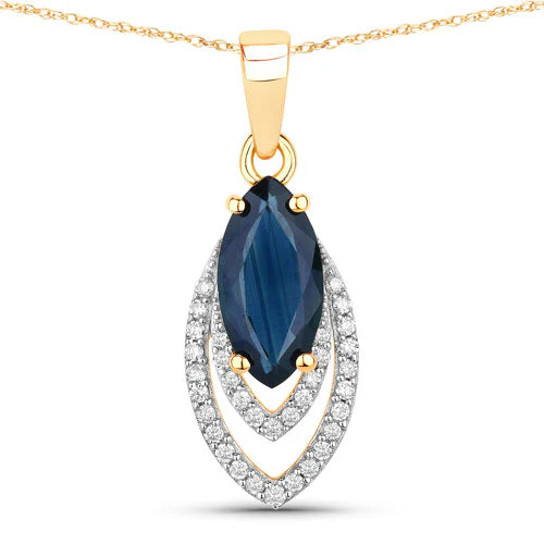 1.42 Carat Genuine Blue Sapphire and White Diamond 14K Yellow Gold Pendant