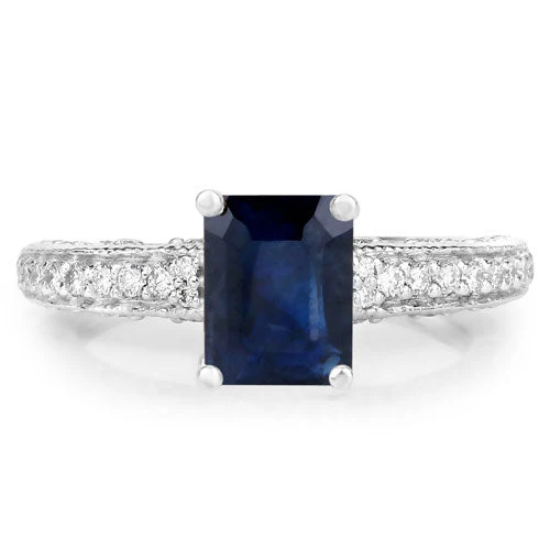 1.55 Carat Genuine Blue Sapphire and White Diamond 14K White Gold Ring (I Color, SI Clarity) - Image 6