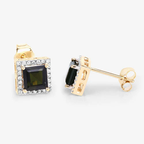 1.55 Carat Genuine Green Tourmaline and White Diamond 14K Yellow Gold Earrings - Image 10