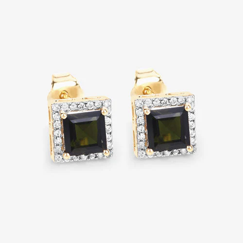 1.55 Carat Genuine Green Tourmaline and White Diamond 14K Yellow Gold Earrings - Image 11