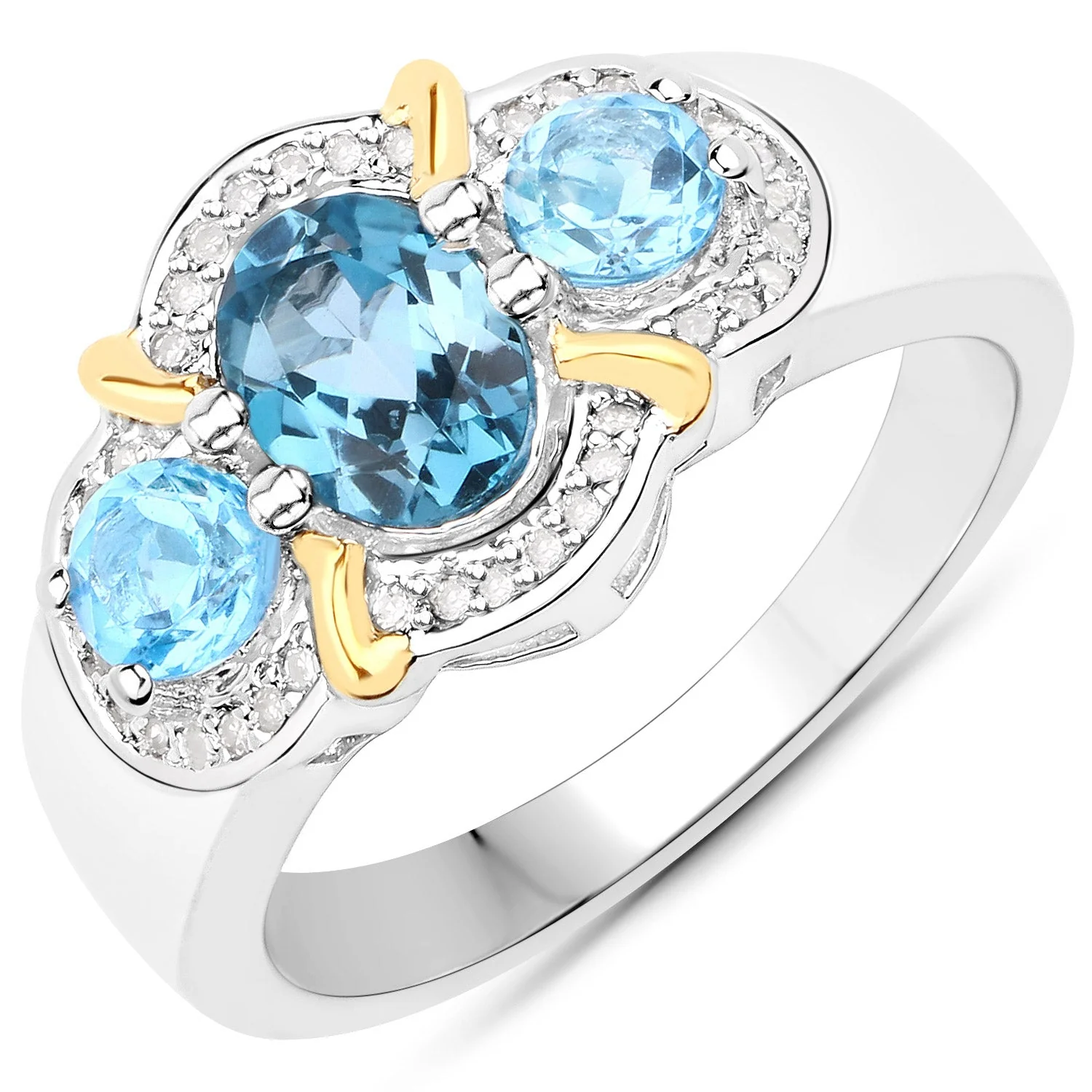 1.64 Carat Genuine London Blue Topaz, Swiss Blue Topaz and White Diamond .925 Sterling Silver Ring