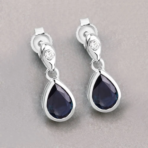 1.65 Carat Genuine Blue Sapphire and White Diamond 10K White Gold Earrings - Image 4
