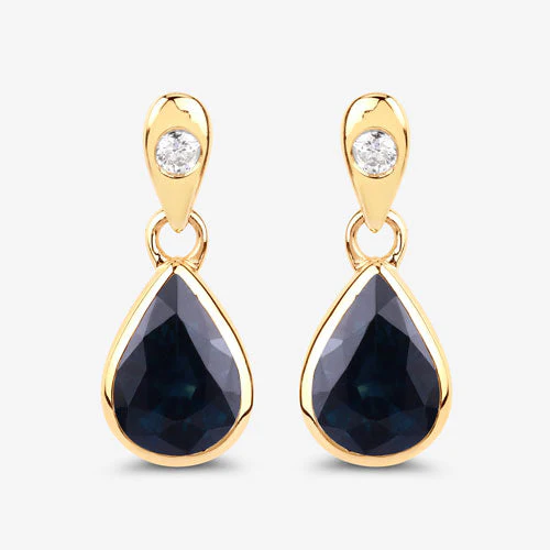 1.65 Carat Genuine Blue Sapphire and White Diamond 10K Yellow Gold Earrings - Image 10